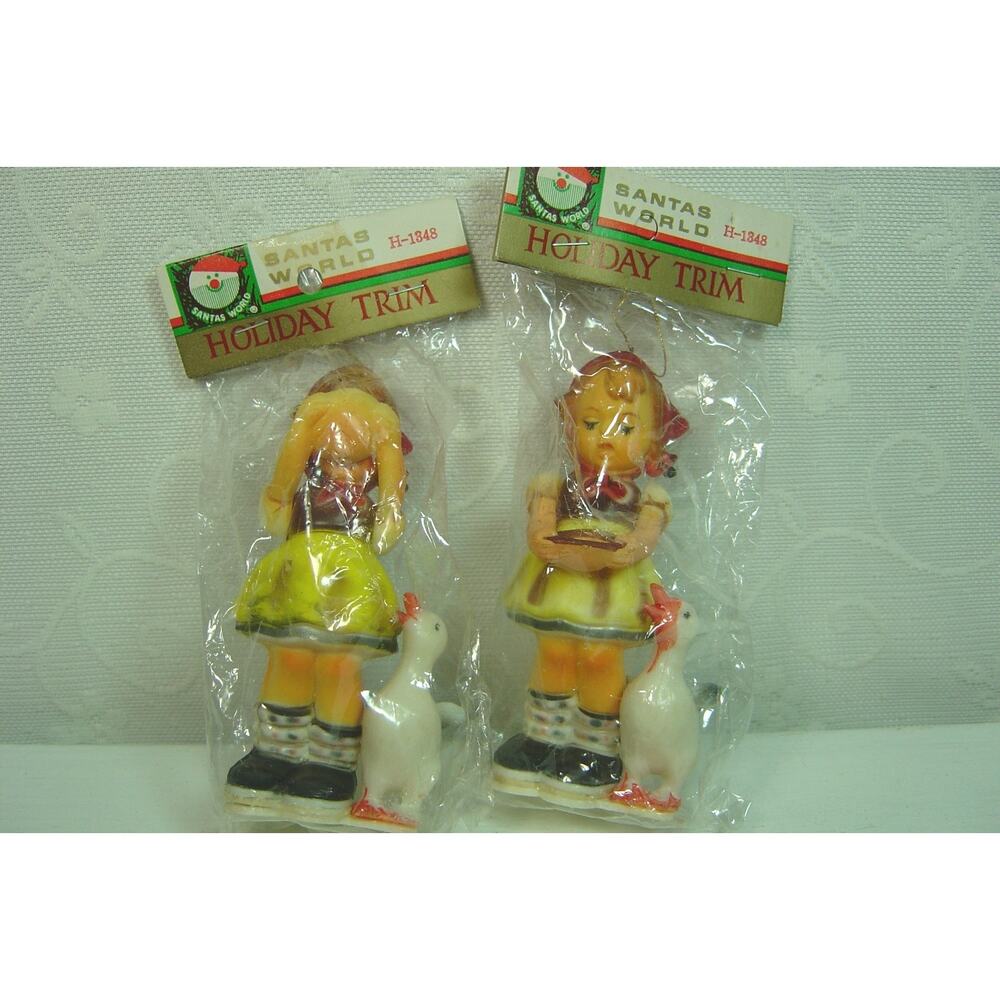 2 VINTAGE SANTA'S WORLD HOLIDAY TRIM HUMMEL TYPE ORNAMENTS-NIP-KURT S. ADLER
